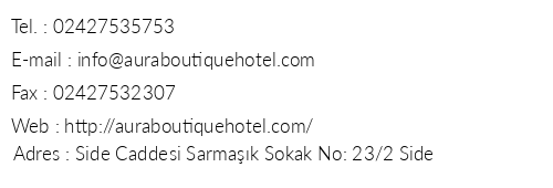 Aura Hotel telefon numaralar, faks, e-mail, posta adresi ve iletiim bilgileri